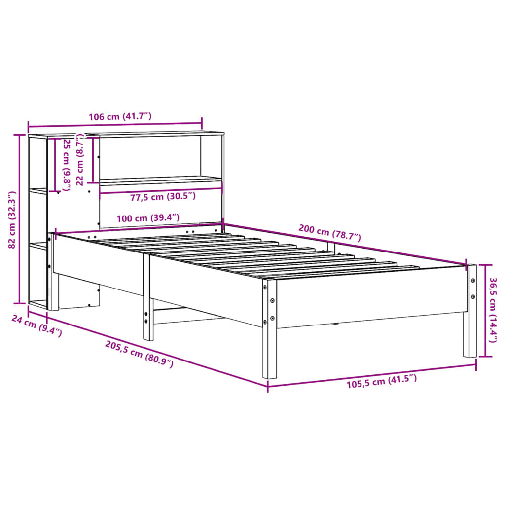 Letto Libreria senza Materasso Marrone Cera 100x200 cm in Pino | homemem39