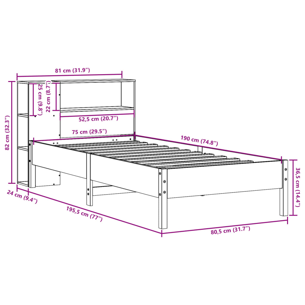Letto con Libreria senza Materasso 75x190 cm in Legno Pino | homemem39
