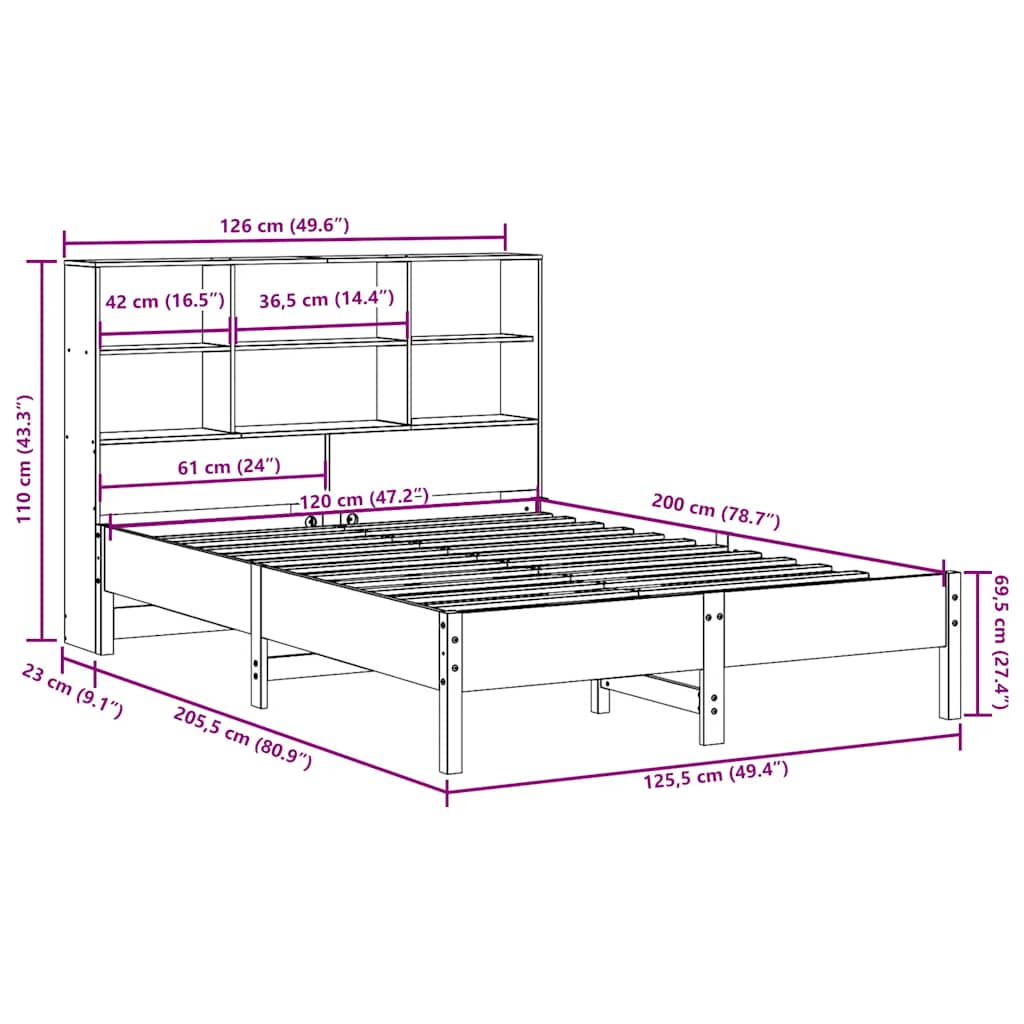 Letto Libreria senza Materasso Marrone Cera 120x200 cm in Pino | homemem39