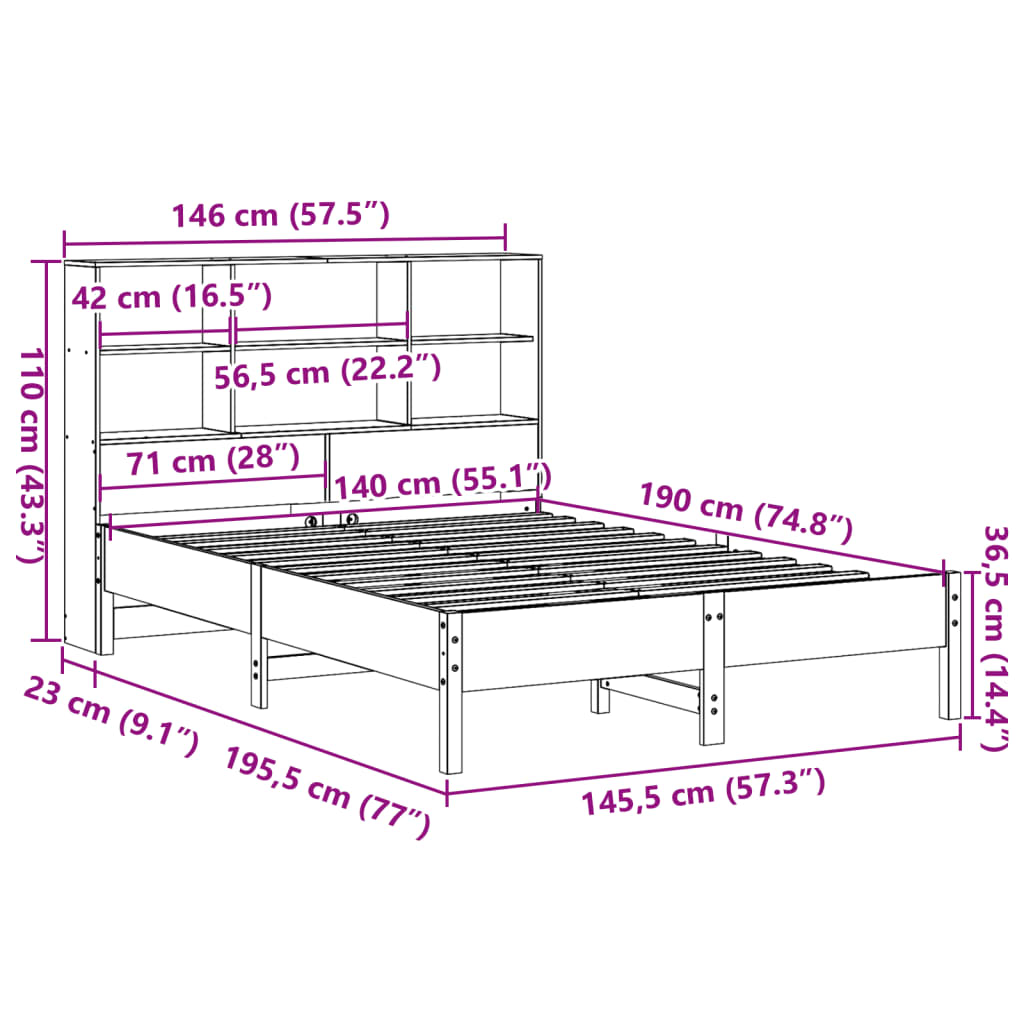 Letto Libreria senza Materasso Marrone Cera 140x190 cm in Pino | homemem39