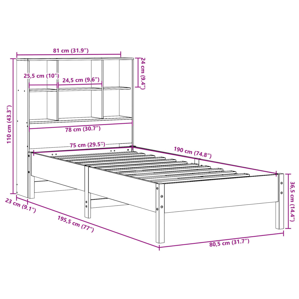Letto Libreria senza Materasso Marrone Cera 75x190 cm in Pino | homemem39