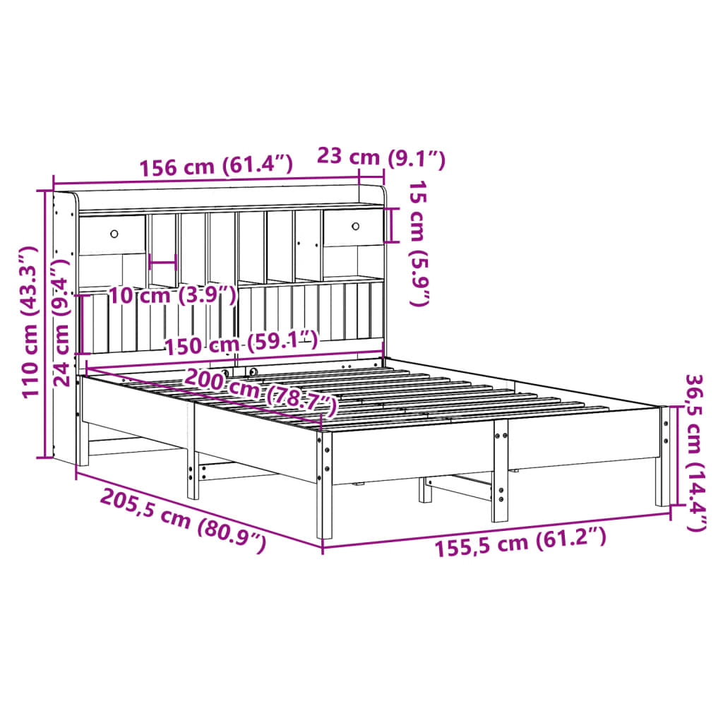 Letto Libreria senza Materasso Marrone Cera 150x200 cm in Pino | homemem39