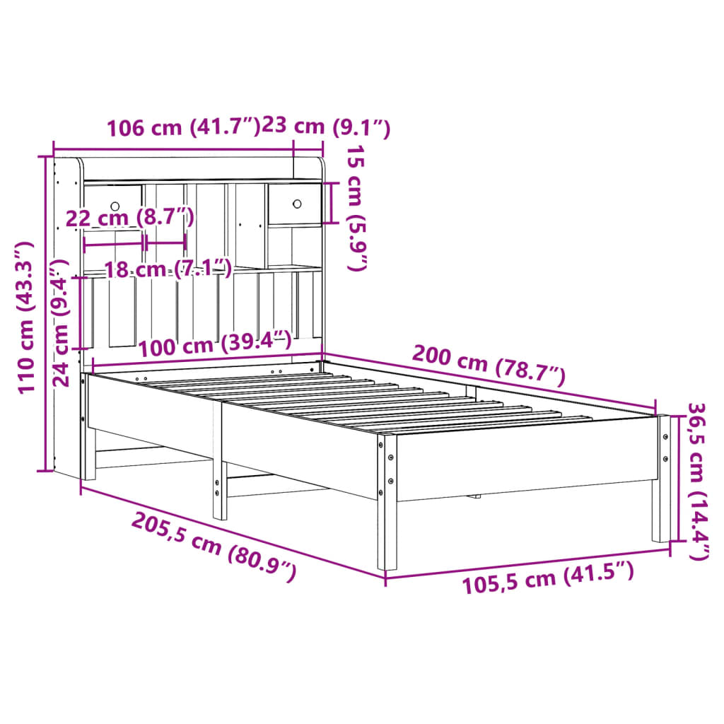 Letto Libreria senza Materasso Marrone Cera 100x200 cm in Pino | homemem39