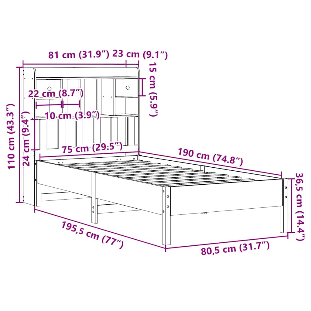 Letto con Libreria senza Materasso 75x190 cm in Legno Pino | homemem39