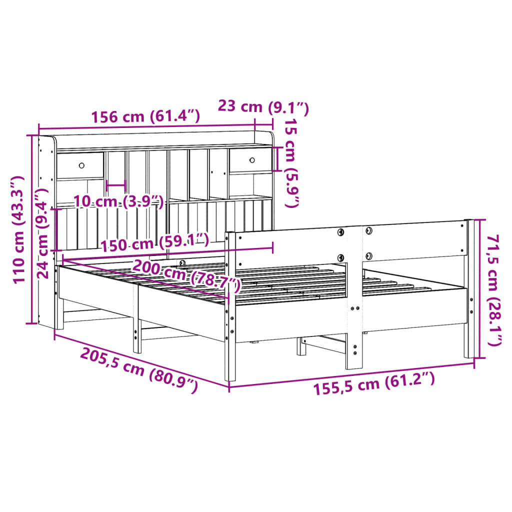 Letto Libreria senza Materasso Marrone Cera 150x200 cm in Pino | homemem39