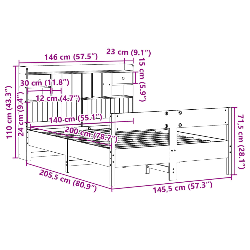 Letto Libreria senza Materasso 140x200 cm in Legno di Pino | homemem39