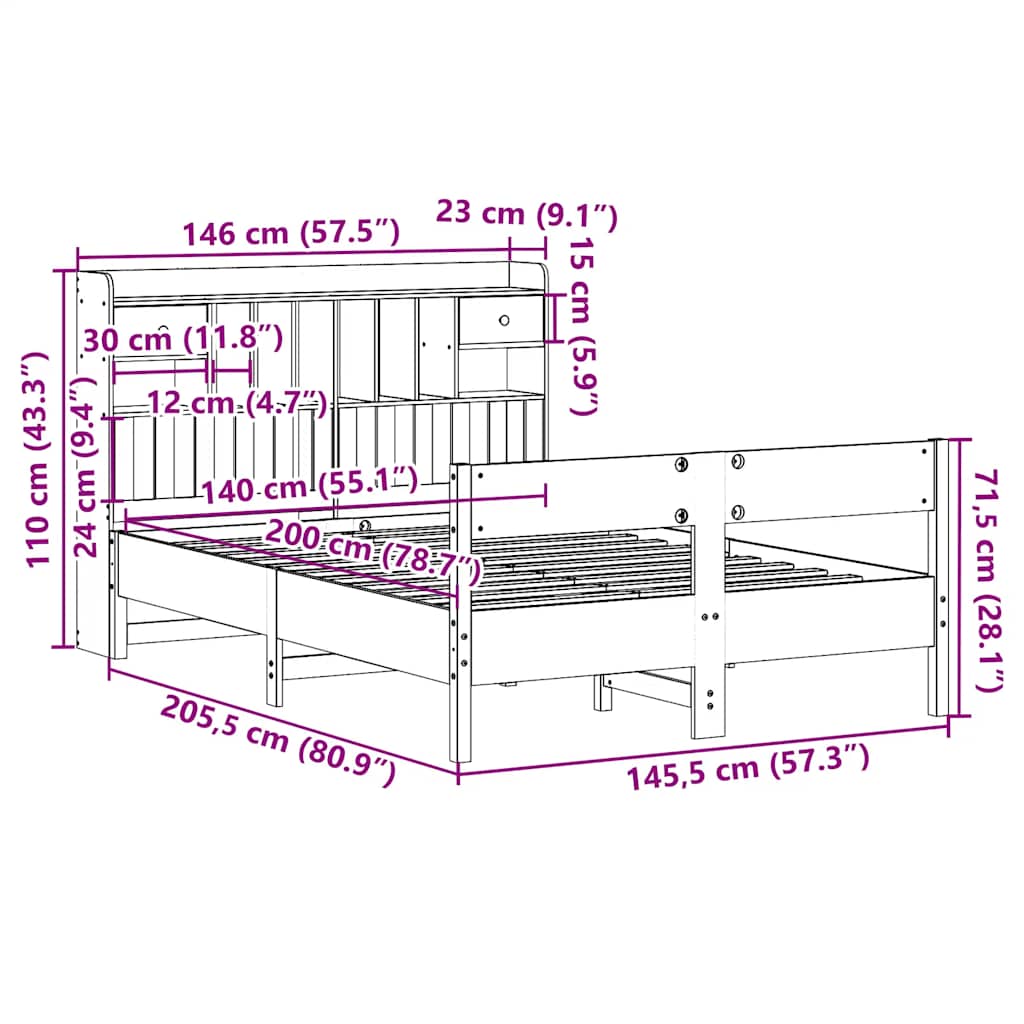 Letto Libreria senza Materasso Bianco 140x200 cm Legno di Pino | homemem39
