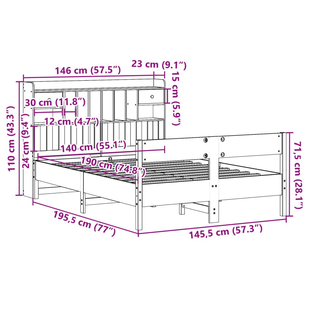 Letto Libreria senza Materasso 140x190 cm in Legno di Pino | homemem39