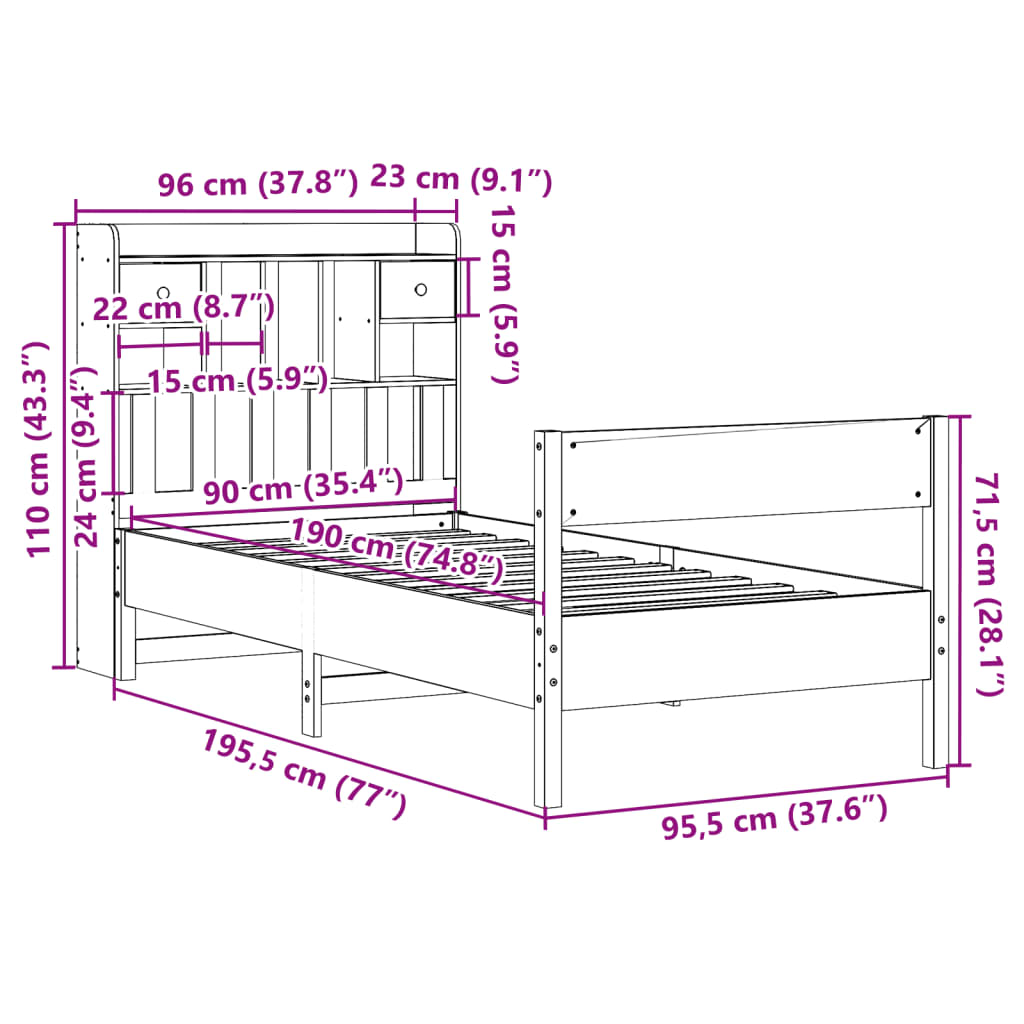 Letto Libreria senza Materasso Bianco 90x190 cm Massello Pino | homemem39