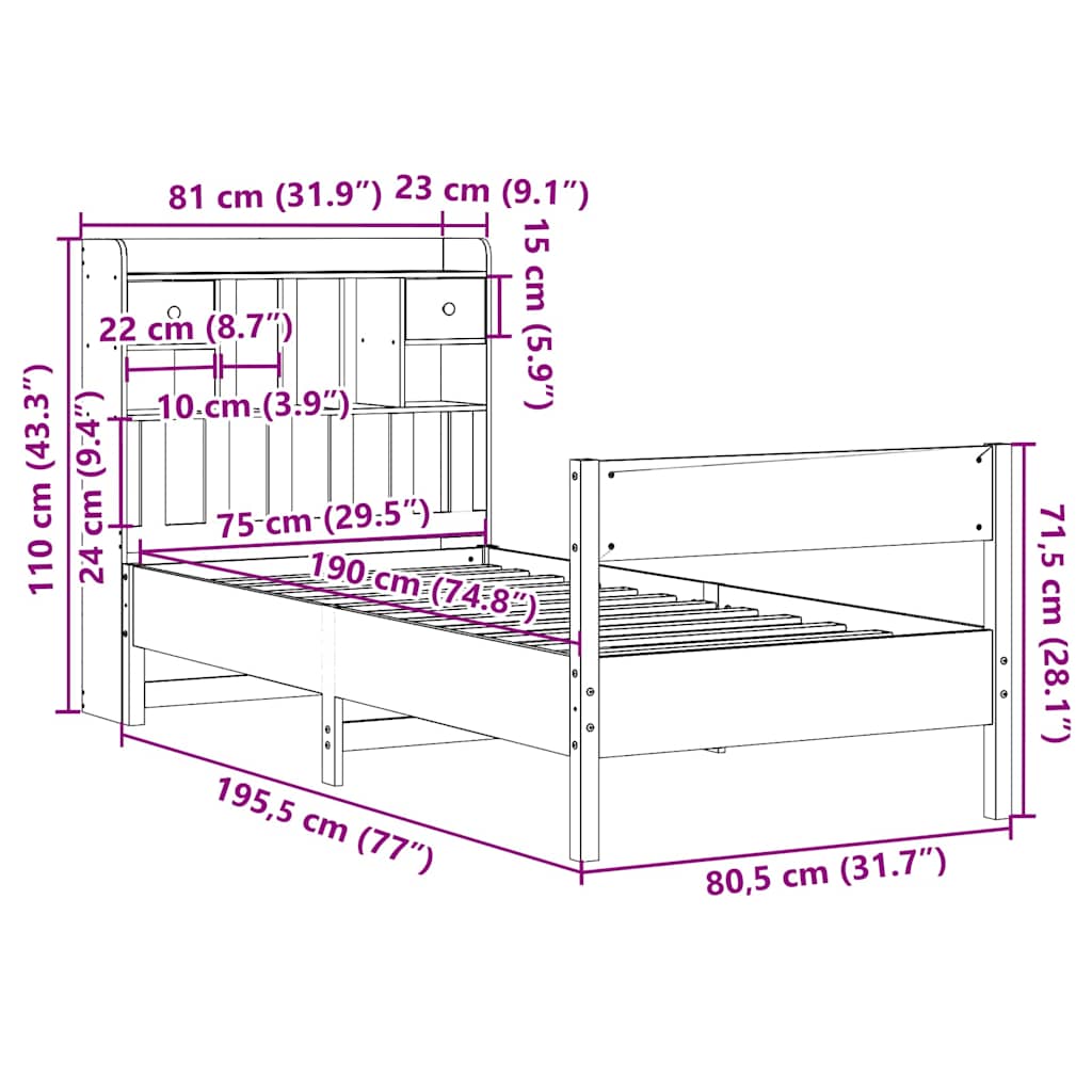 Giroletto con Libreria senza Materasso 75x190 cm in Legno Pino | homemem39