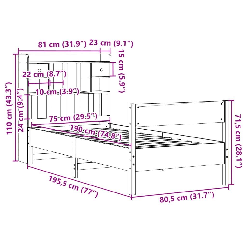 Letto Libreria senza Materasso Marrone Cera 75x190 cm in Pino | homemem39