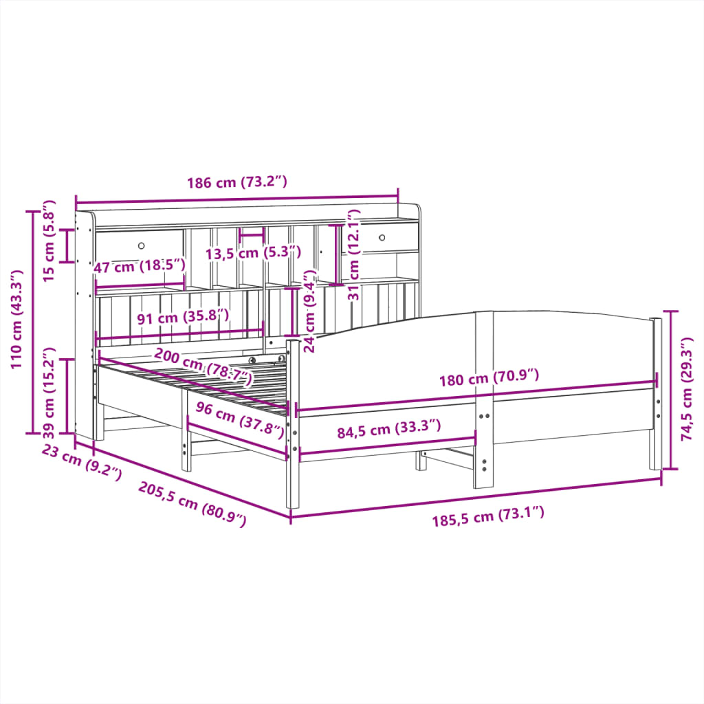 Giroletto con Libreria senza Materasso 180x200 cm in Legno Pino | homemem39