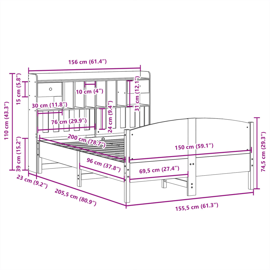 Letto Libreria senza Materasso Marrone Cera 150x200 cm in Pino | homemem39