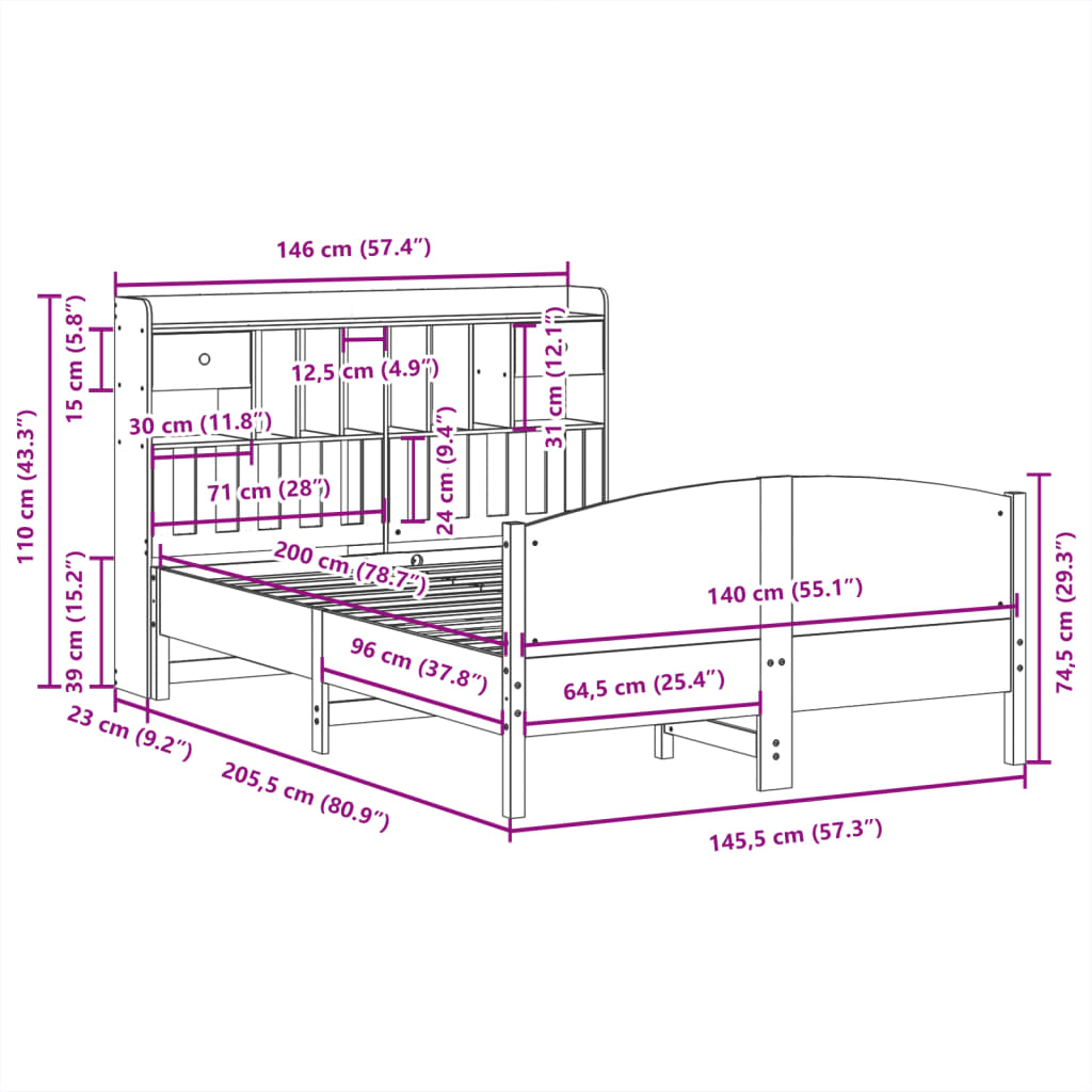 Letto Libreria senza Materasso 140x200 cm in Legno di Pino | homemem39