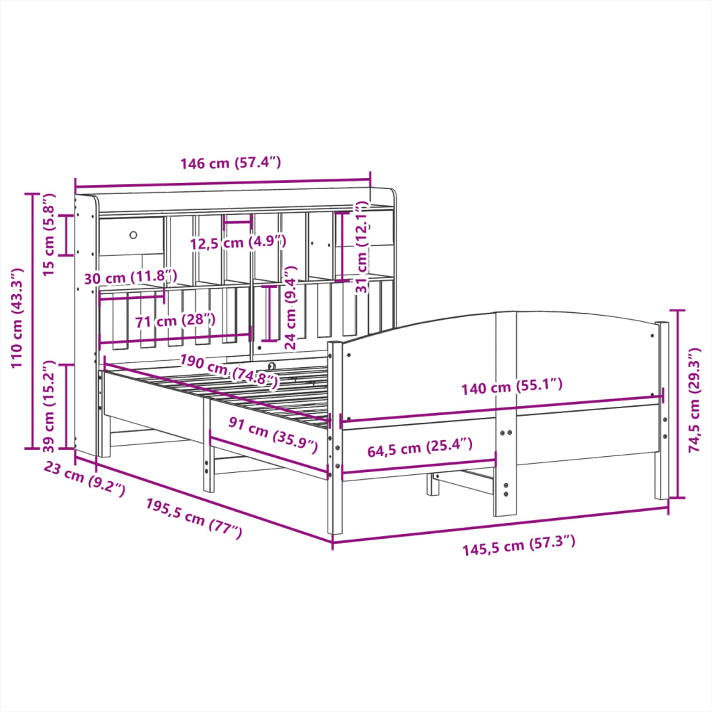 Letto Libreria senza Materasso Bianco 140x190 cm Legno di Pino | homemem39