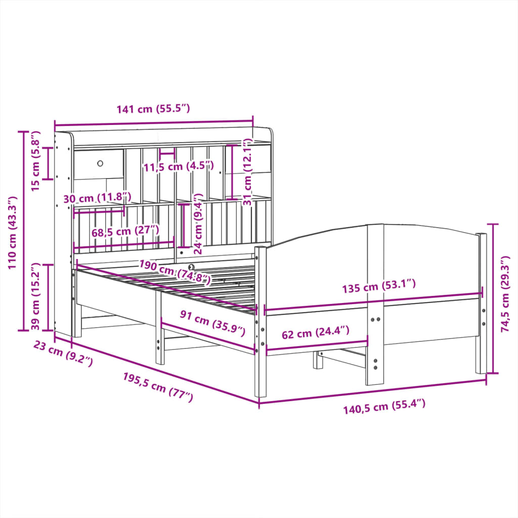 Letto Libreria senza Materasso Bianco 135x190 cm Legno di Pino | homemem39