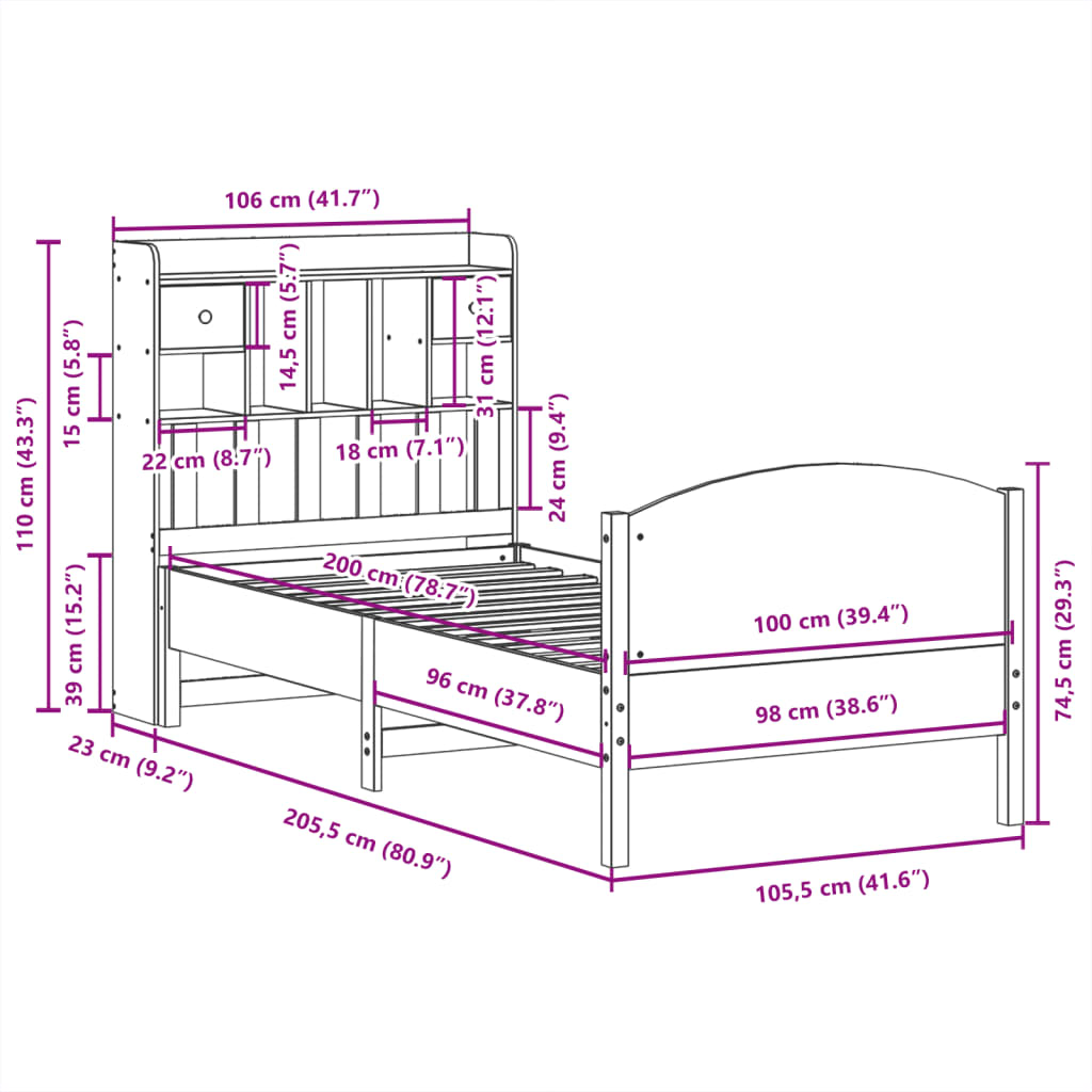 Letto Libreria senza Materasso 100x200 cm in Legno di Pino | homemem39