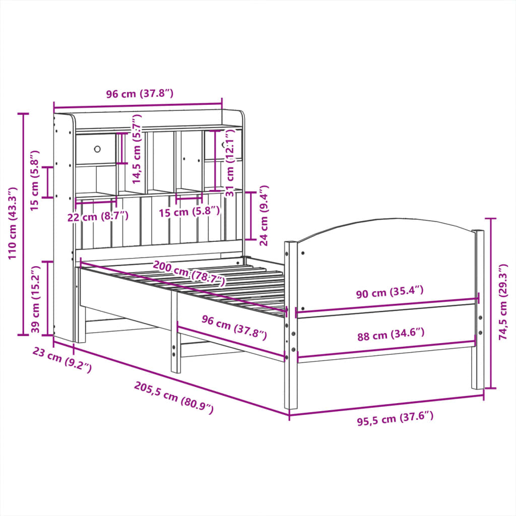 Letto Libreria senza Materasso Bianca 90x200 cm Legno di Pino | homemem39