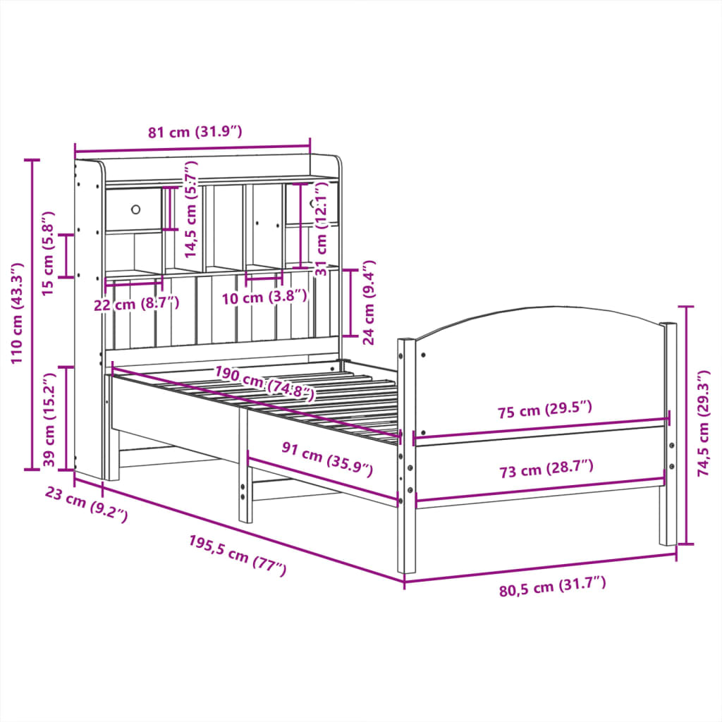 Letto con Libreria senza Materasso 75x190 cm in Legno Pino | homemem39