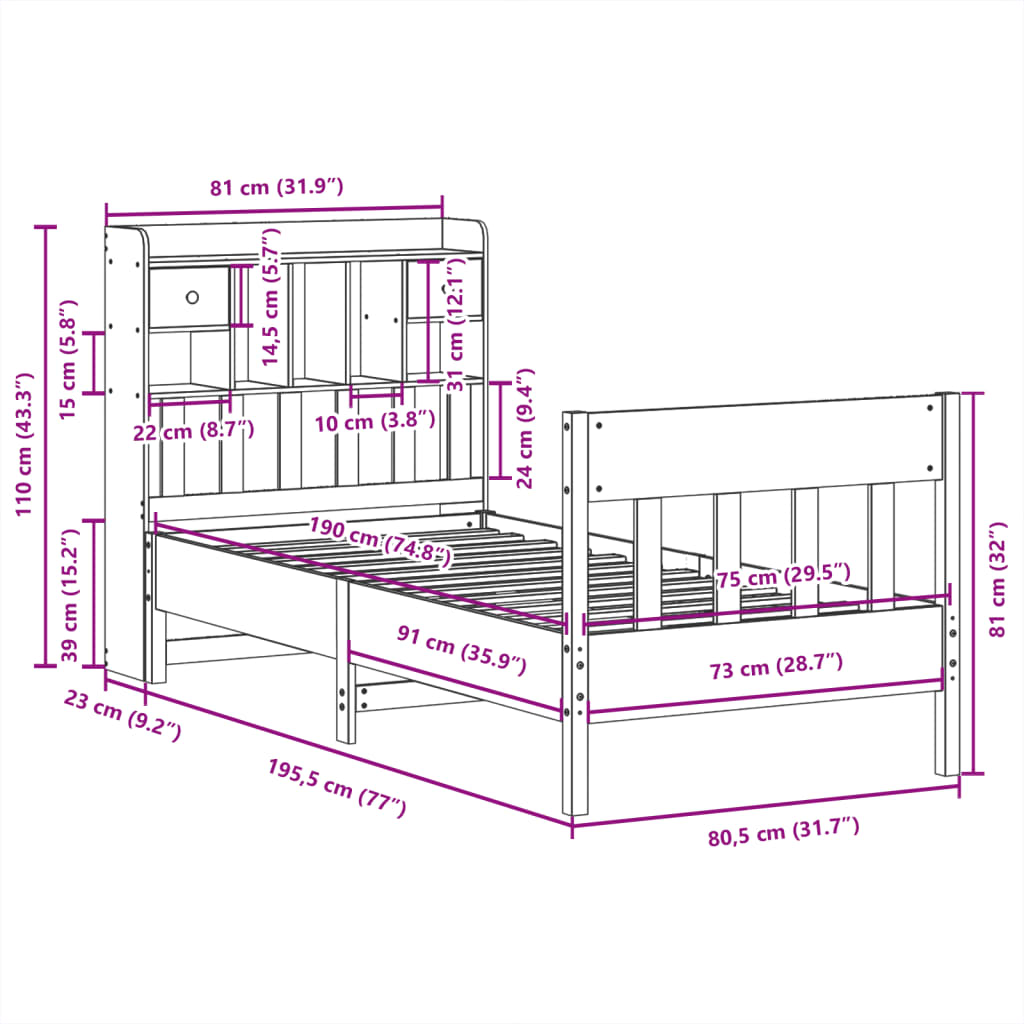 Letto senza Materasso Marrone Cera 75x190 cm in Legno di Pino | homemem39