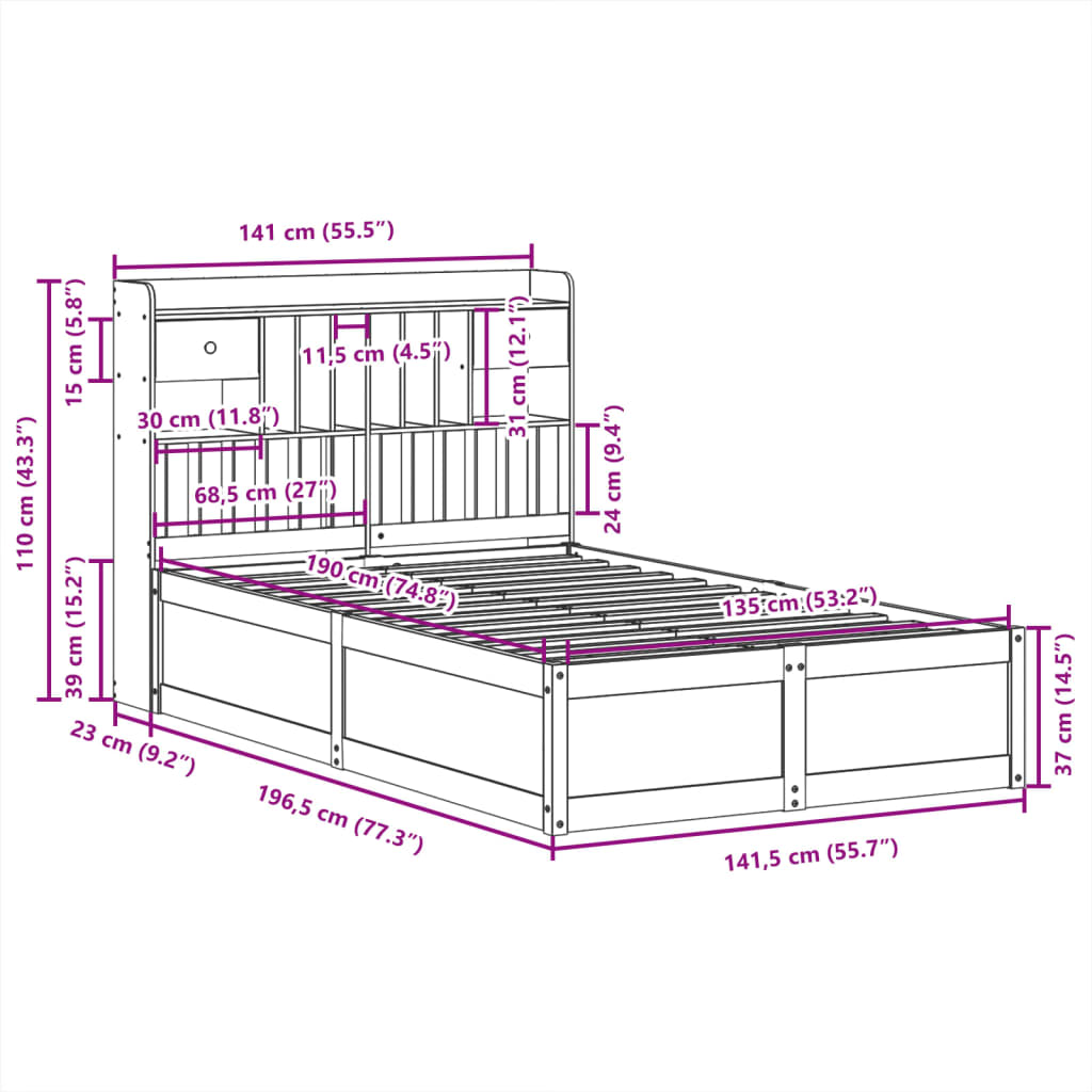 Letto senza Materasso 135x190 cm in Legno Massello di Pino | homemem39