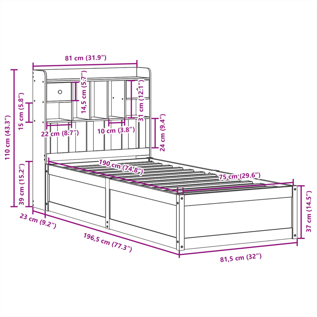 Letto senza Materasso Marrone Cera 75x190 cm in Legno di Pino | homemem39
