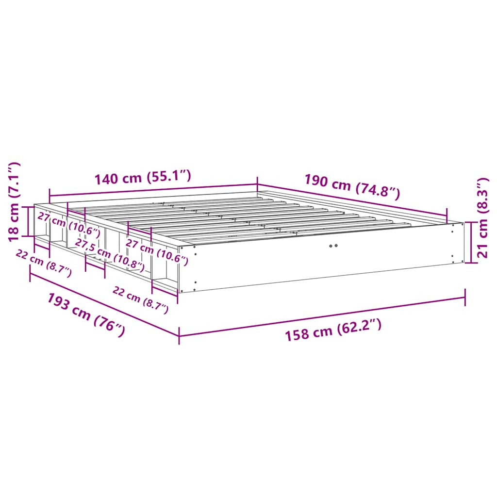 Struttura Letto Senza Materasso 140x190 cm in Legno di Rovere | homemem39