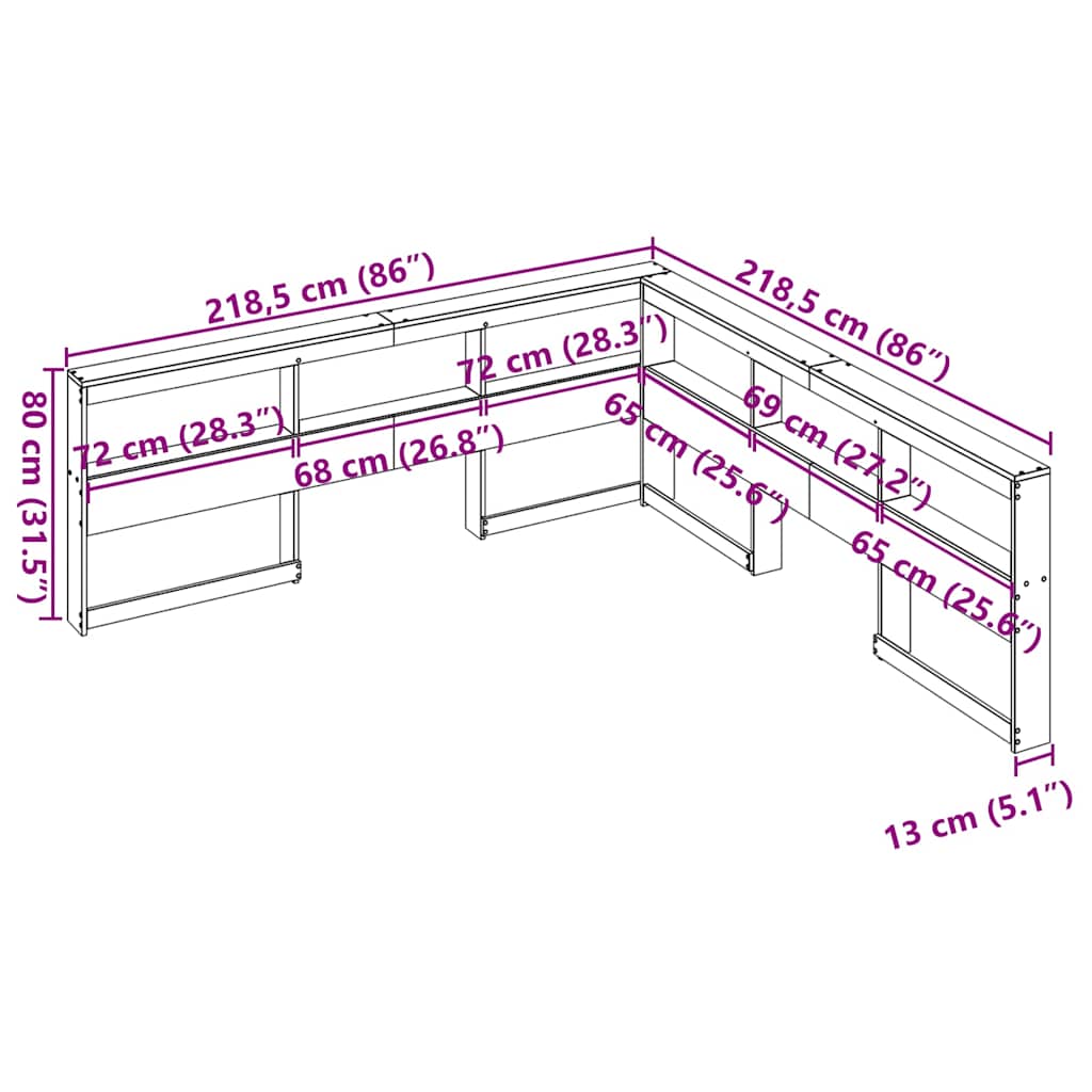 Testiera Libreria a L Marrone Cera 200cm Legno Massello di Pino