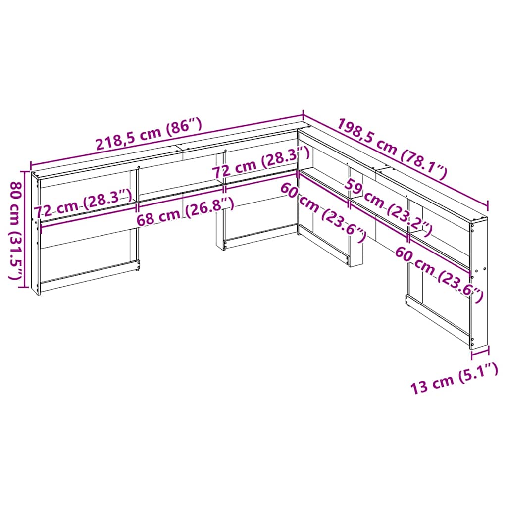 Testiera Libreria a L Marrone Cera 180cm Legno Massello di Pino