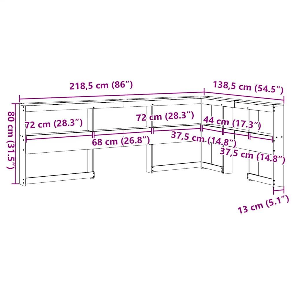 Testiera Libreria a L Marrone Cera 120cm Legno Massello di Pino