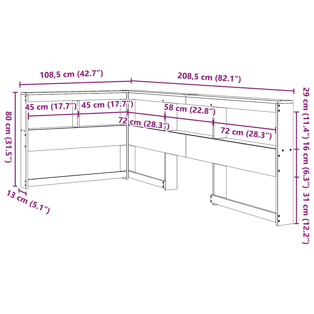 Testiera Libreria a L Marrone Cera 90 cm Legno Massello di Pino
