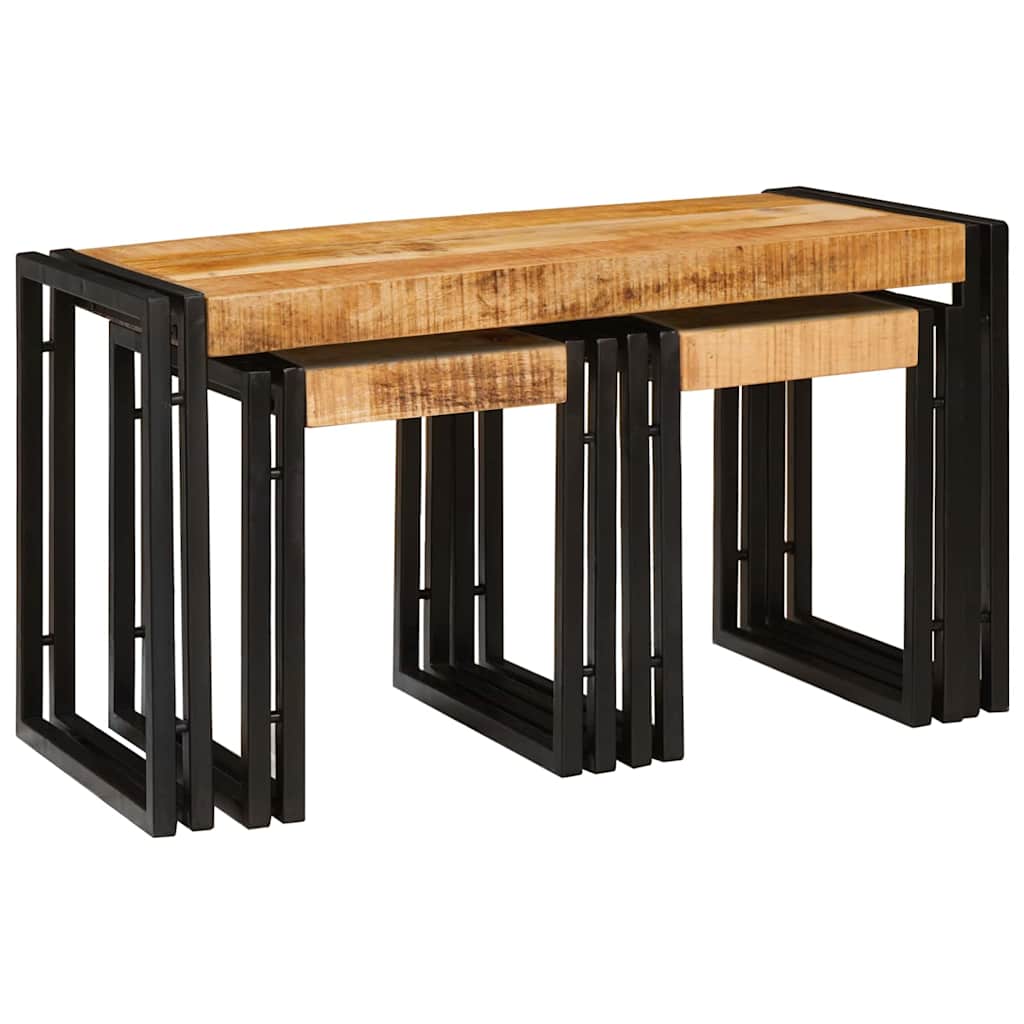 Tavolo Nesting 3 pcs Legno di mango grezzo solido e un metallo