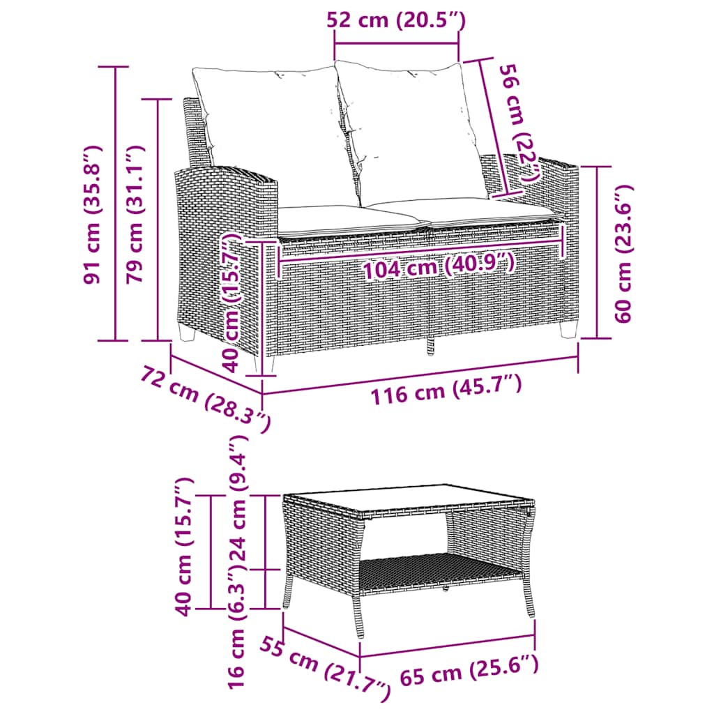 Divano da Giardino a 2 Posti Cuscini&Tavolo Nero in Polyrattan | homemem39