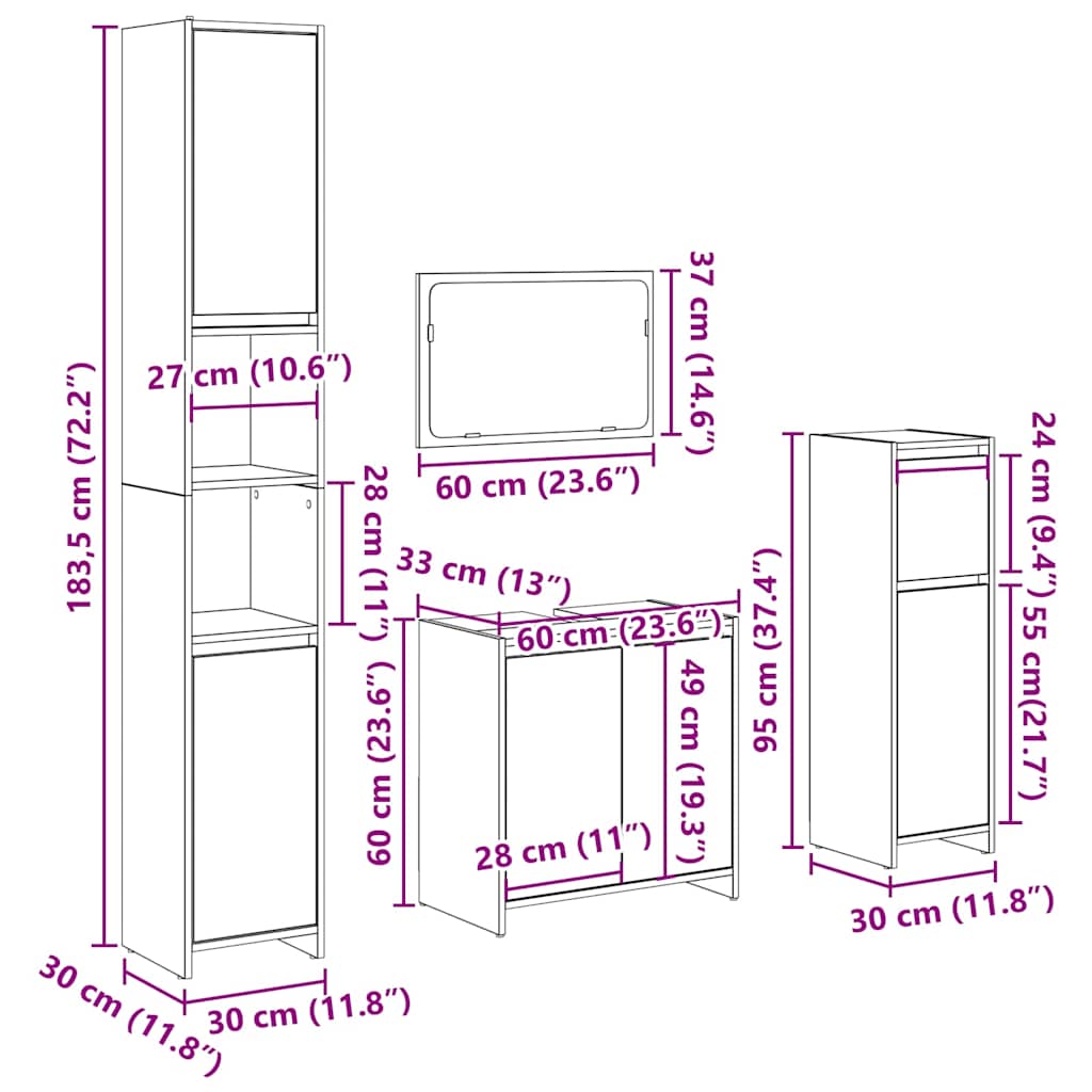 Set Mobili da Bagno 4 pz Grigio Cemento in Legno Multistrato | homemem39
