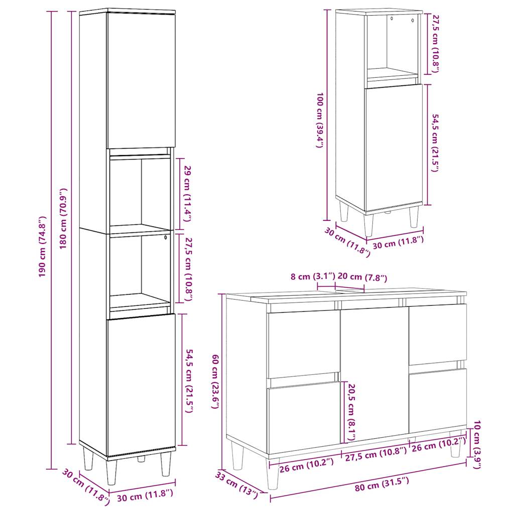 Set Mobili da Bagno 3 pz Grigio Cemento in Legno Multistrato | homemem39