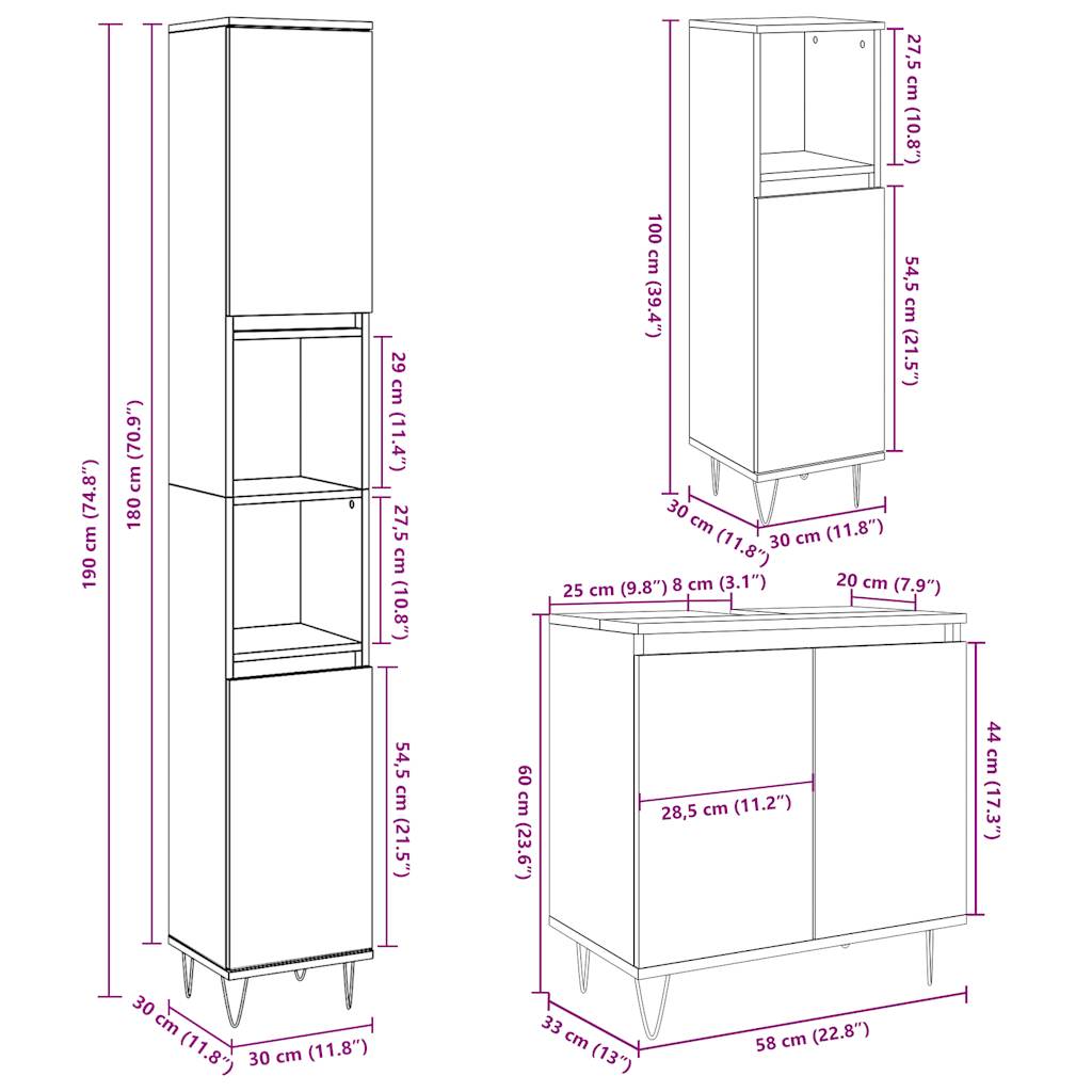 Set Mobili da Bagno 3 pz Grigio Cemento in Legno Multistrato | homemem39