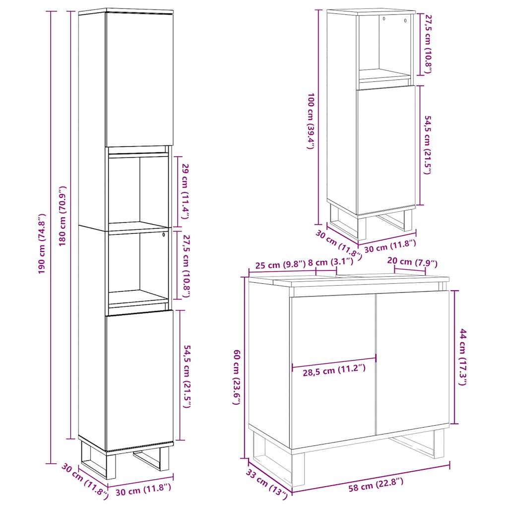Set Mobili da Bagno 3 pz Grigio Cemento in Legno Multistrato | homemem39