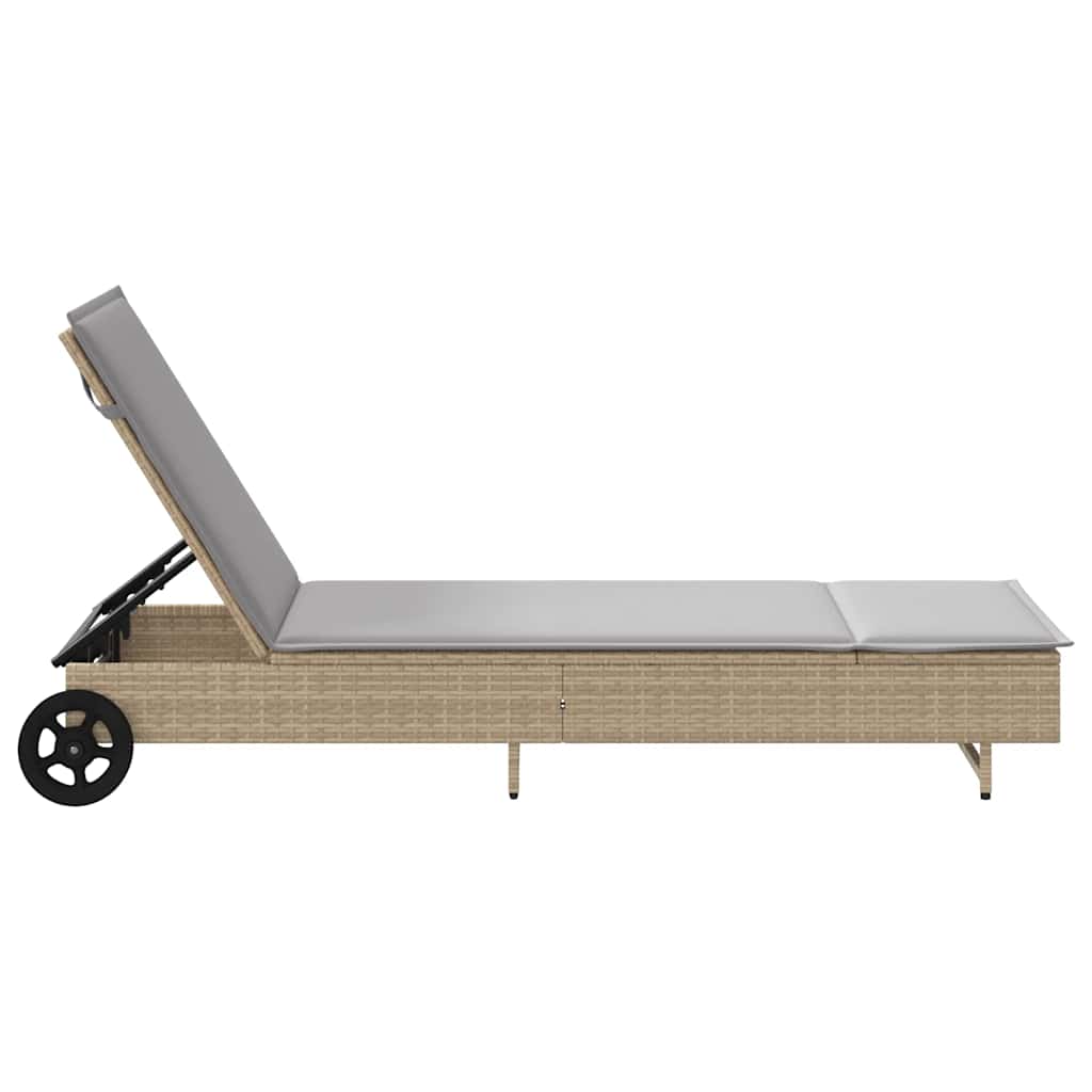 Lettino Prendisole con Ruote e Cuscino in Polyrattan Beige - homemem39