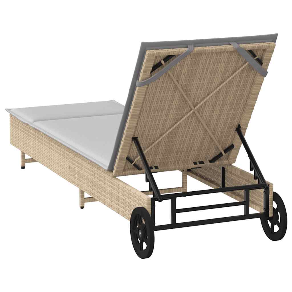 Lettino Prendisole con Ruote e Cuscino in Polyrattan Beige - homemem39