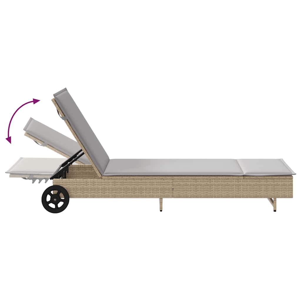 Lettino Prendisole con Ruote e Cuscino in Polyrattan Beige - homemem39