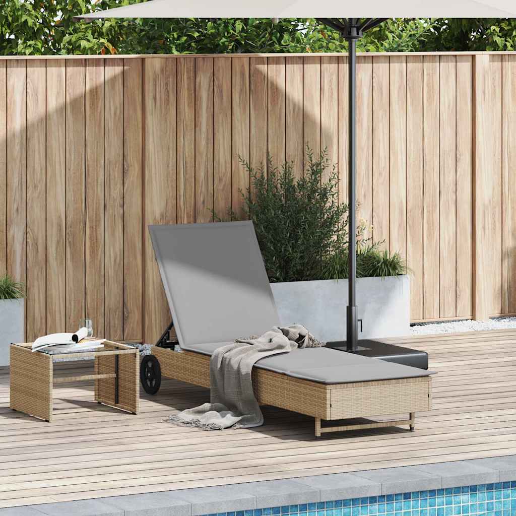 Lettino Prendisole con Ruote e Cuscino in Polyrattan Beige - homemem39