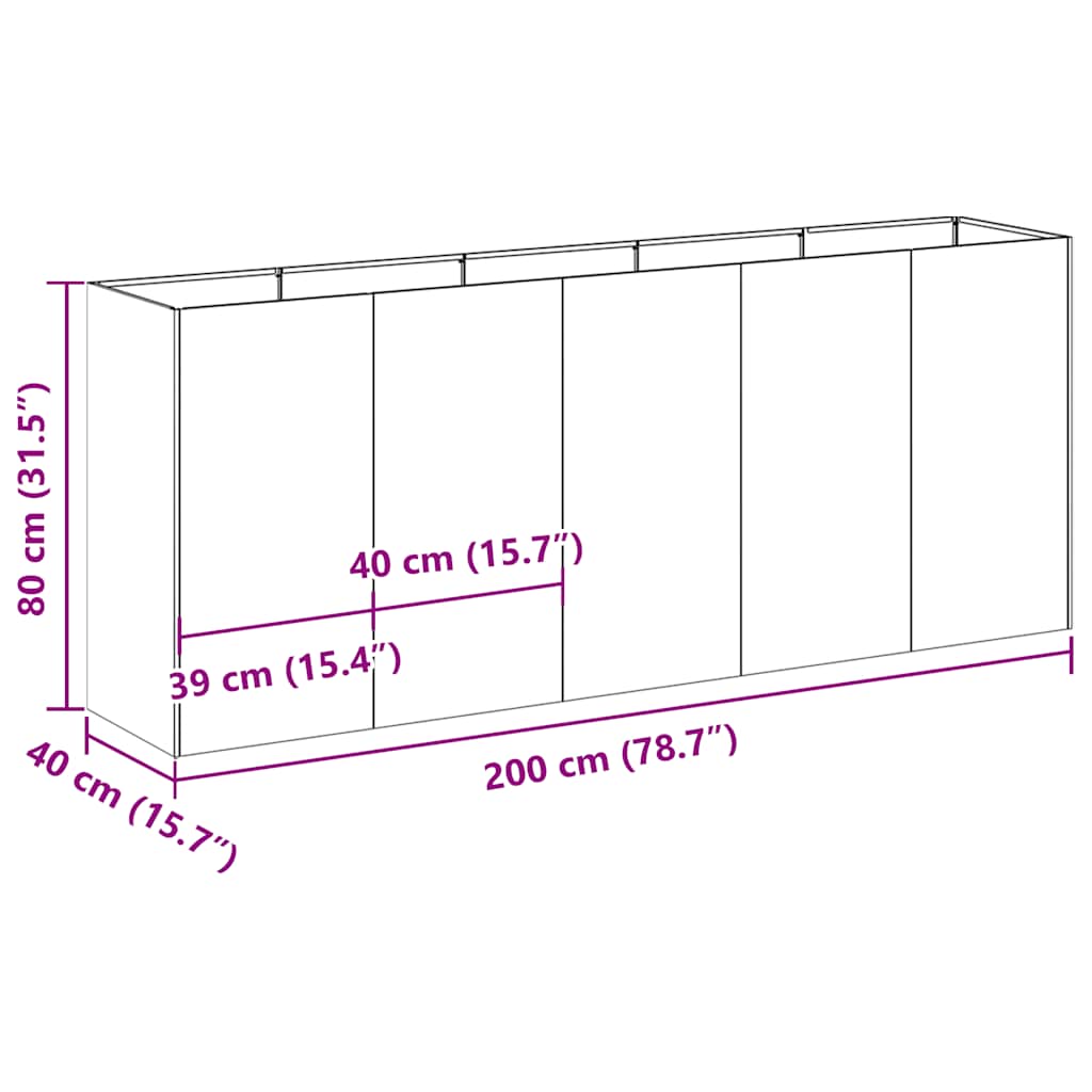 Fioriera Nera 200x40x80 cm in Acciaio Laminato a Freddo - homemem39