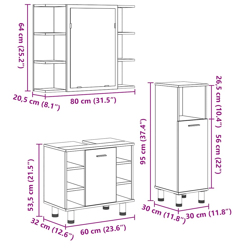 Set Mobili da Bagno 3 pz Legno Antico in Legno Multistrato | homemem39