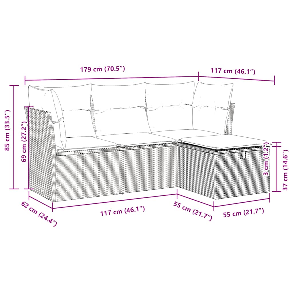 Set Divani da Giardino 4 pz con Cuscini in Polyrattan Grigio