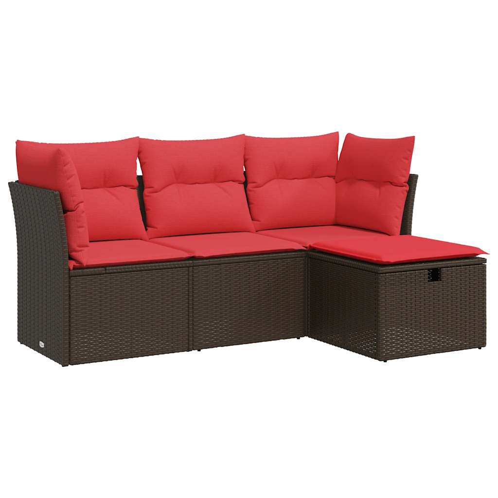 Set Divano da Giardino 4 pz con Cuscini Marrone in Polyrattan