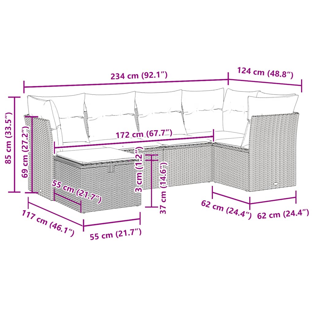 Set Divano da Giardino 6 pz con Cuscini Marrone in Polyrattan