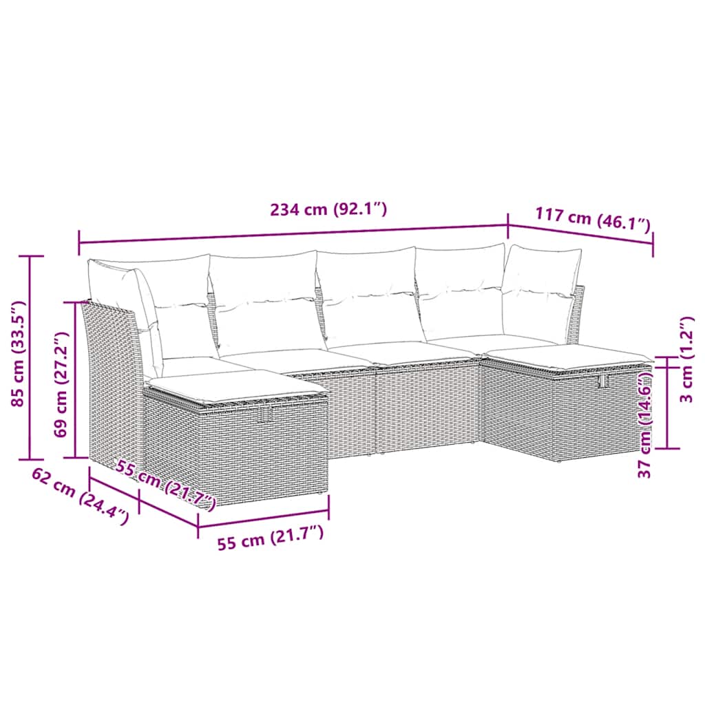 Set Divano da Giardino 6 pz con Cuscini Nero in Polyrattan | homemem39