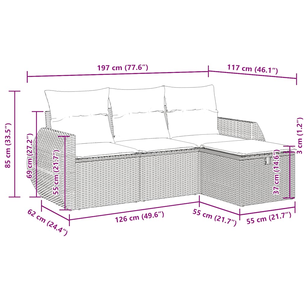 Set Divani da Giardino 4 pz con Cuscini in Polyrattan Grigio | homemem39