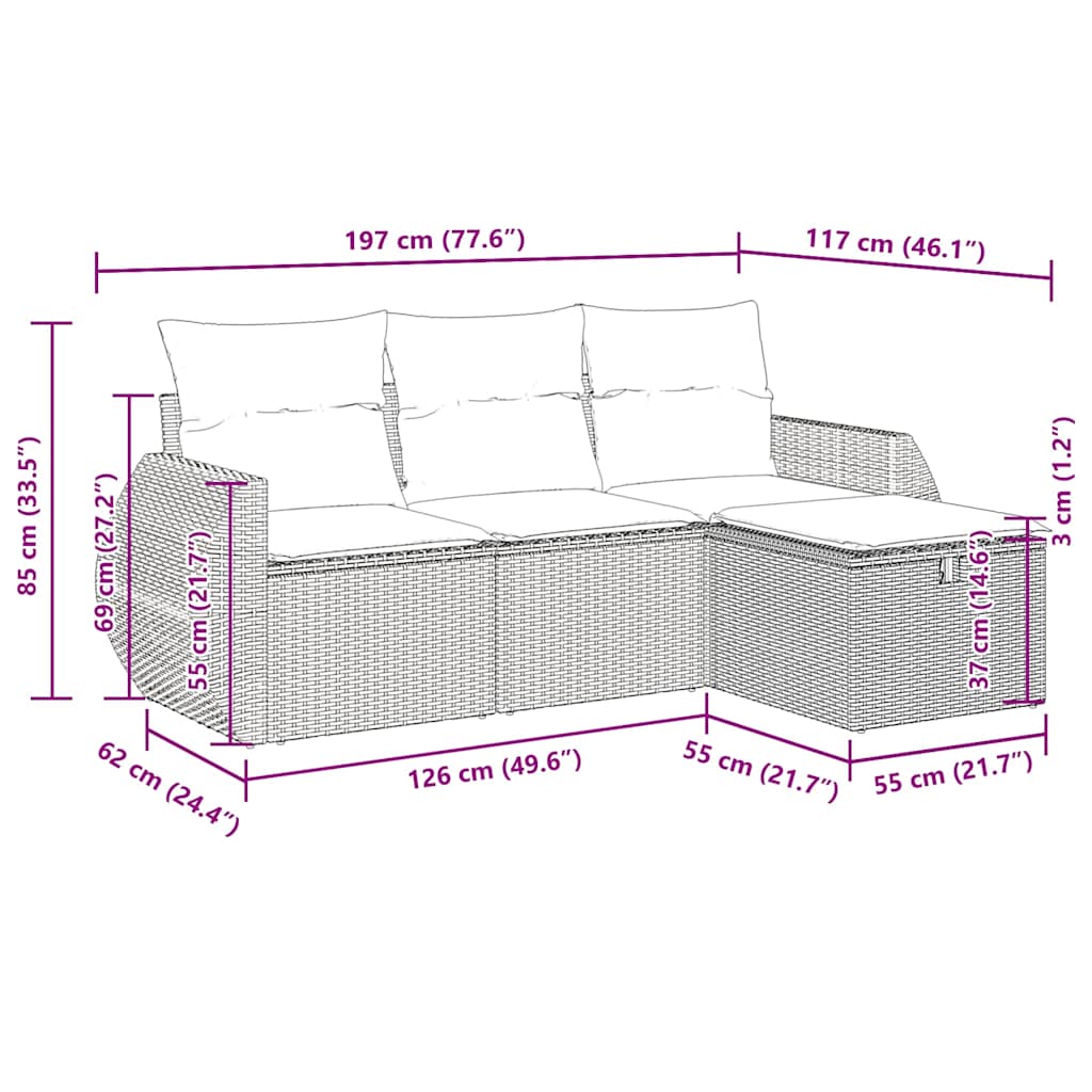 Set Divani da Giardino 4 pz con Cuscini in Polyrattan Grigio