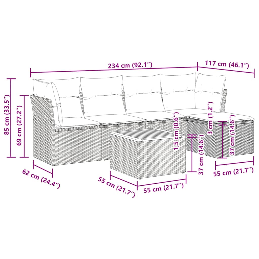 Set Divano da Giardino 6 pz con Cuscini Grigio in Polyrattan